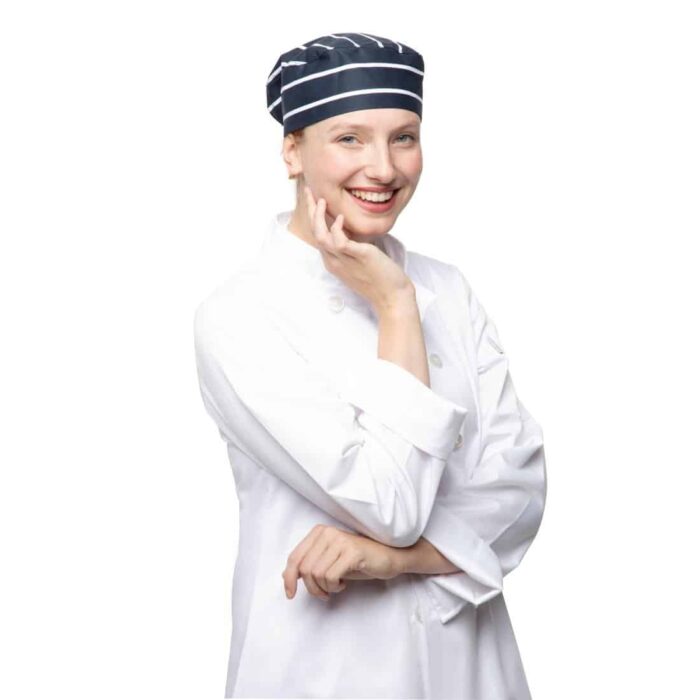 Whites Chefs Skull Cap Blue and White Butchers Stripe