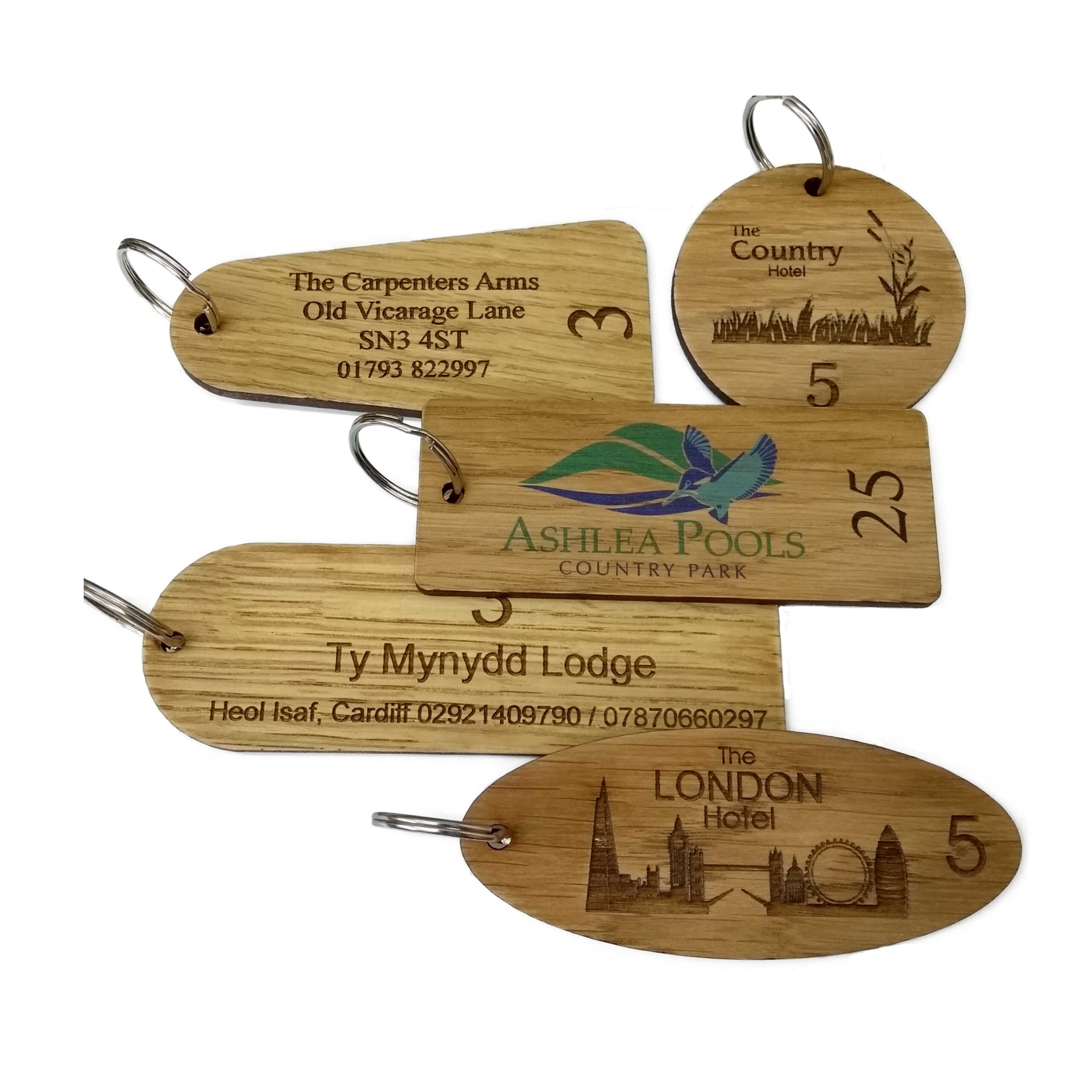 Buy wooden engraved personalised hotel key fobs from Smart Hospitality Supplies