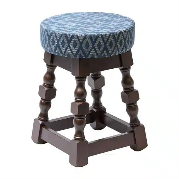 Classic Dark Wood Low Bar Stool with Blue Diamond Seat
