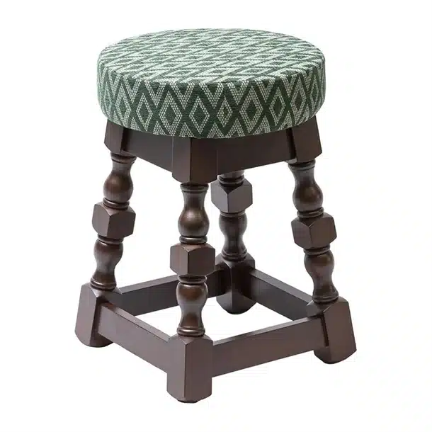 Classic Dark Wood Low Bar Stool with Green Diamond Seat