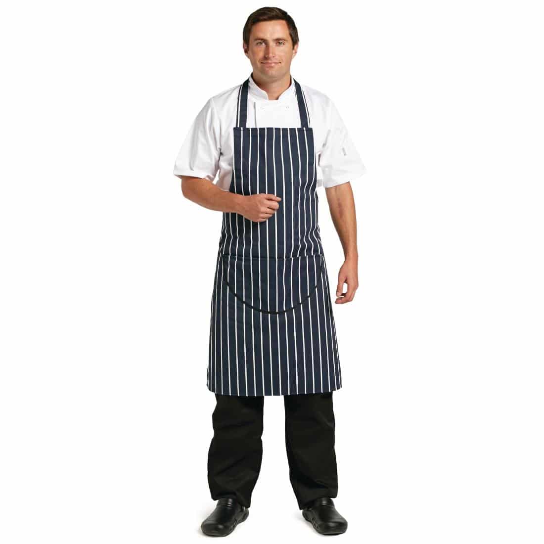 Whites Butchers Apron Navy Stripe with Pocket - Image 6