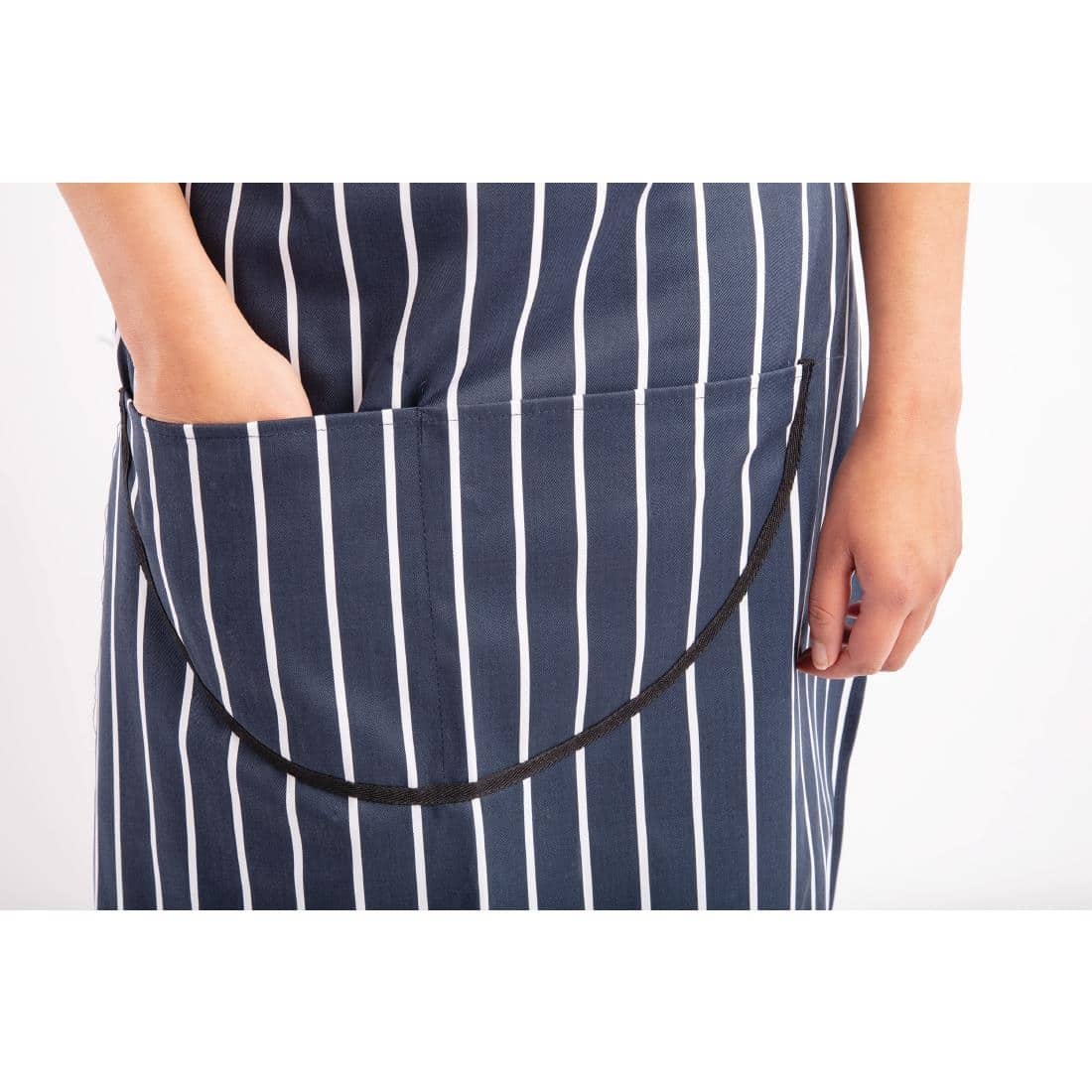 Whites Butchers Apron Navy Stripe with Pocket - Image 8