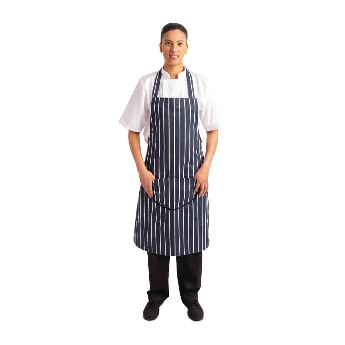 Whites Butchers Apron Navy Stripe with Pocket - Image 12