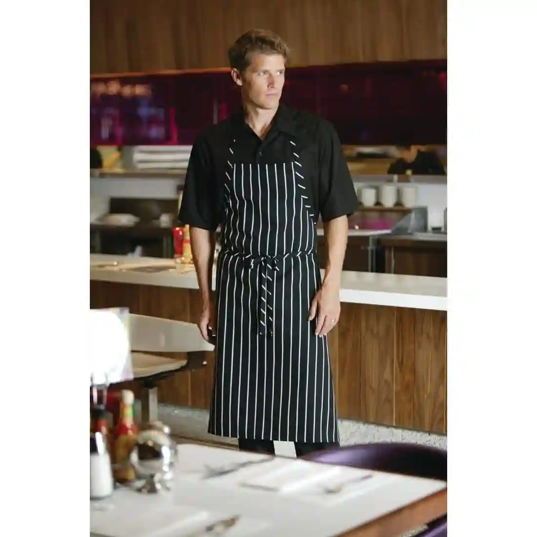 Chef Works Premium Woven Bib Apron Black and White Stripe - Image 3