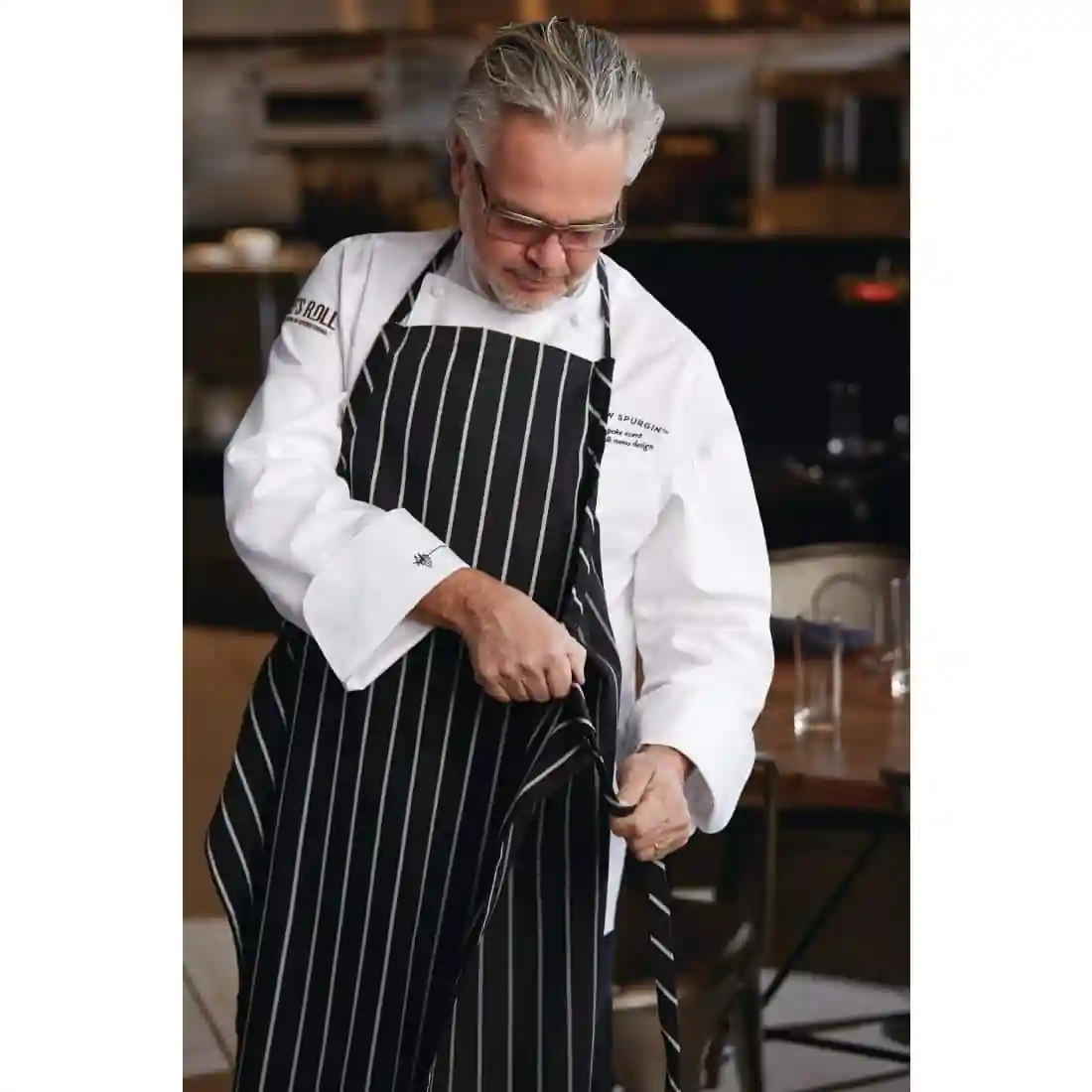 Chef Works Premium Woven Bib Apron Black and White Stripe - Image 5