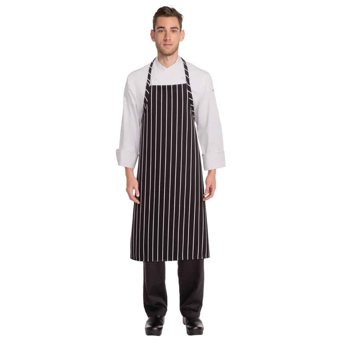 Chef Works Premium Woven Bib Apron Black and White Stripe - Image 3