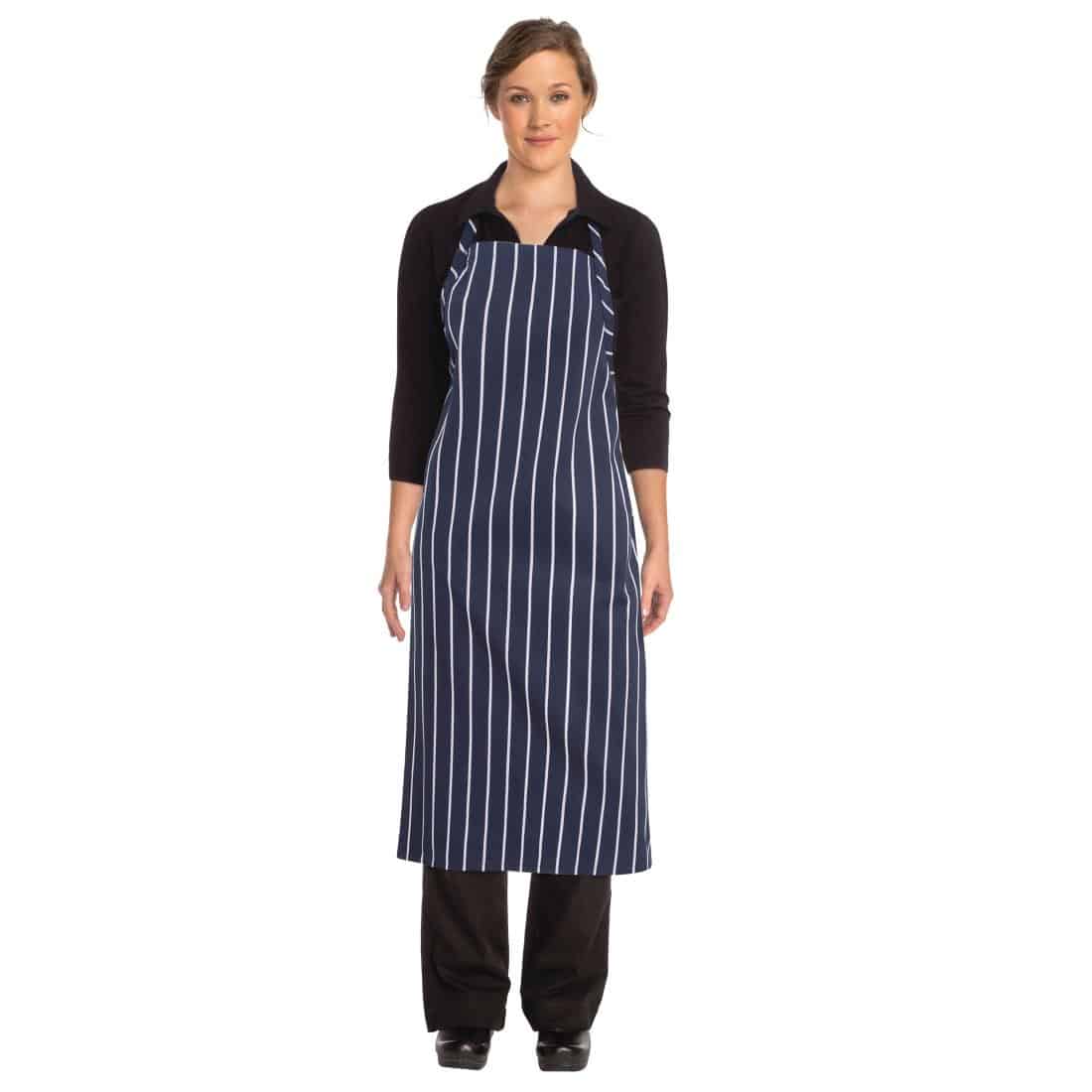 Chef Works Premium Woven Bib Apron Navy and White Stripe - Image 2