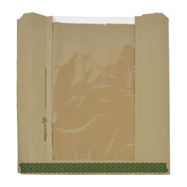 Vegware Kraft Large Sandwich/Cookie Bag with PLA Window 10"x10" (Pack of 1000) - Image 1