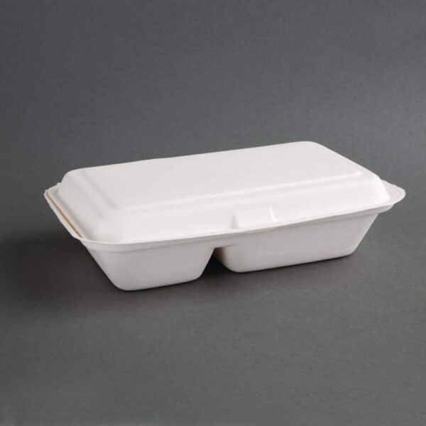 Fiesta Compostable Bagasse Hinged 2-Compartment Food Containers 253mm (Pack of 200) - Image 2