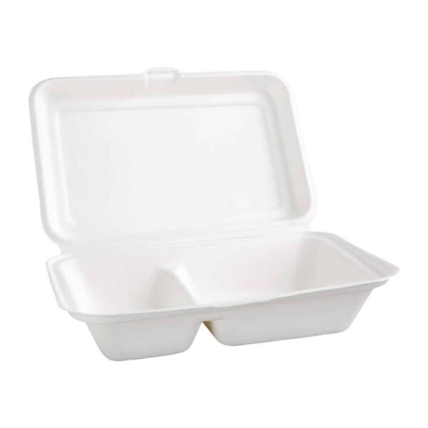 Fiesta Compostable Bagasse Hinged 2-Compartment Food Containers 253mm (Pack of 200) - Image 3