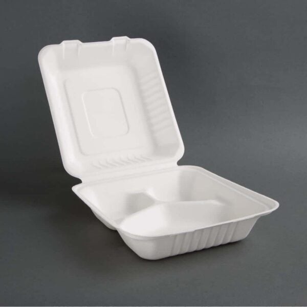 Fiesta Compostable Bagasse Hinged 3-Compartment Food Containers 201mm (Pack of 200) - Image 3