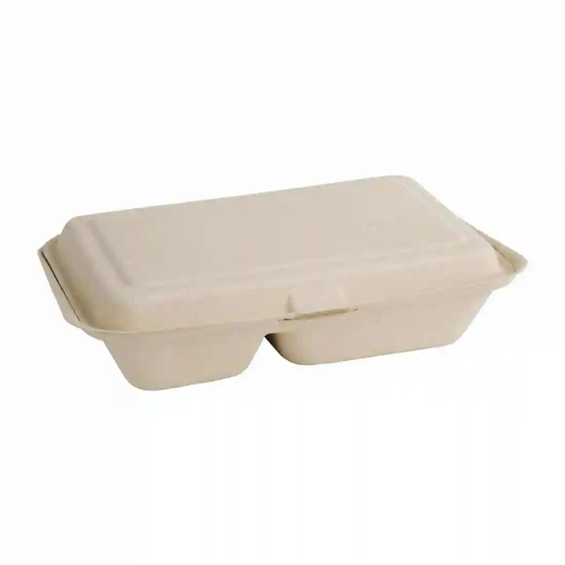 Fiesta Compostable Bagasse Two-Compartment Hinged Food Containers Natural Colour 253mm (Pack of 200) - Image 1