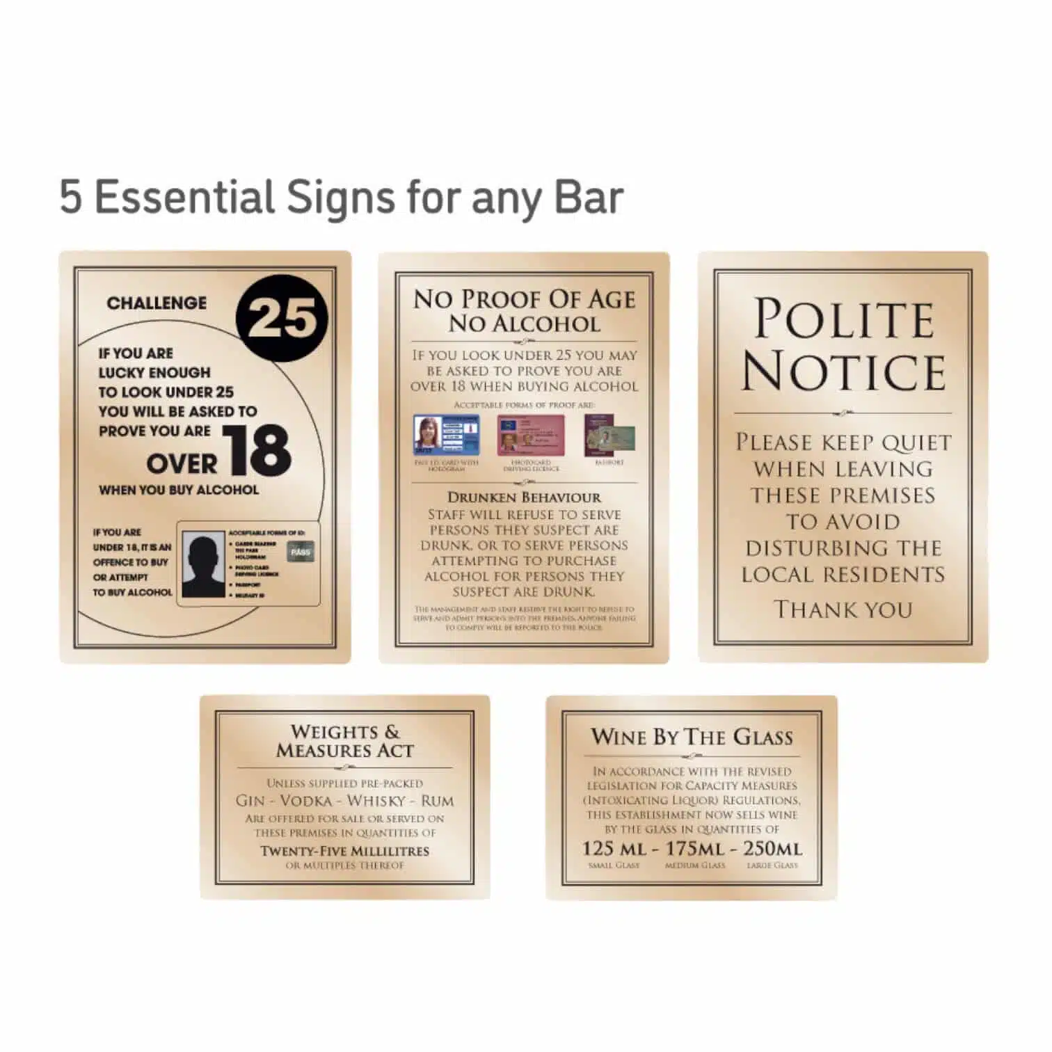 Framed Essential Modern Bar Licensing Sign Pack - Gold - Image 2