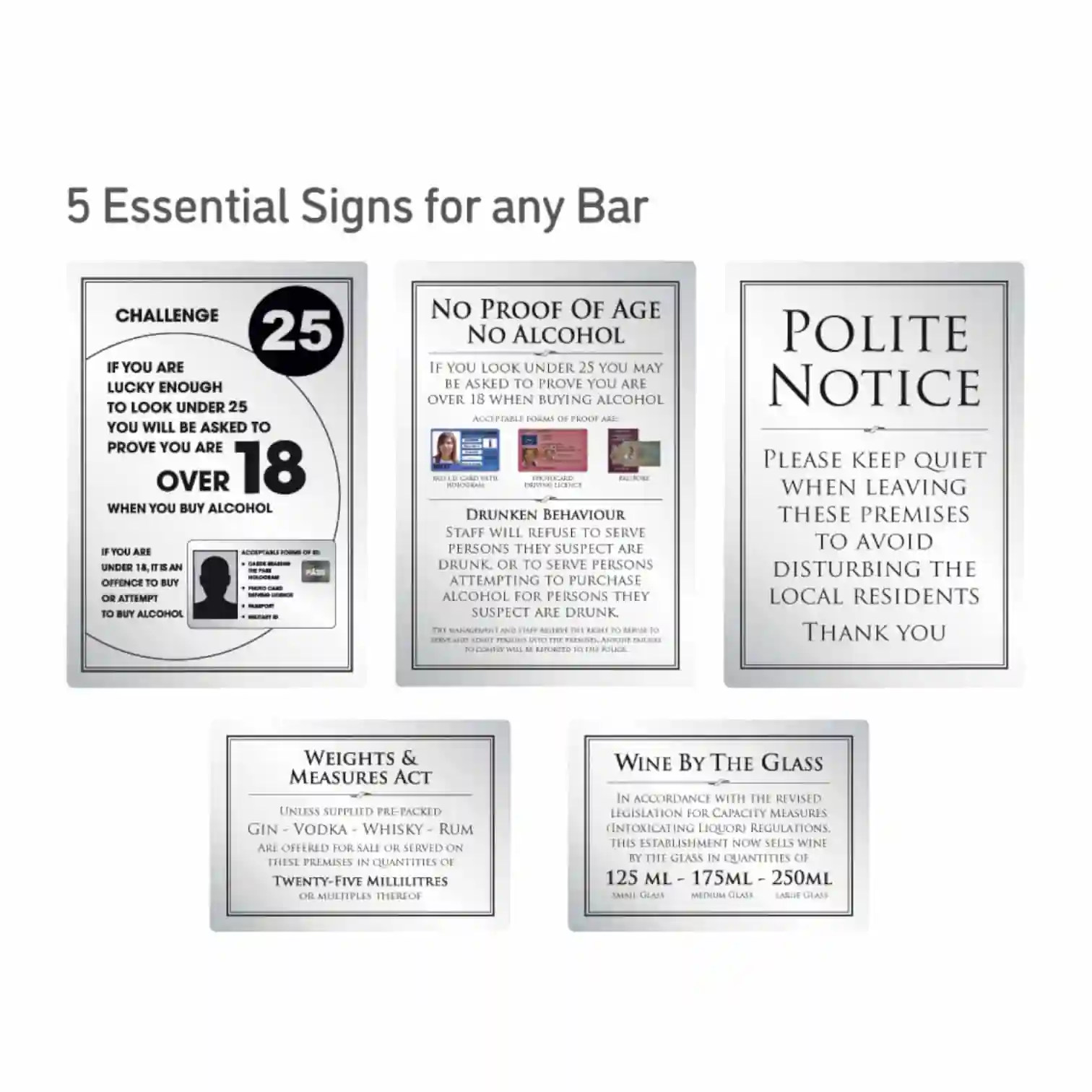 Framed Essential Modern Bar Licensing Sign Pack - Silver - Image 2
