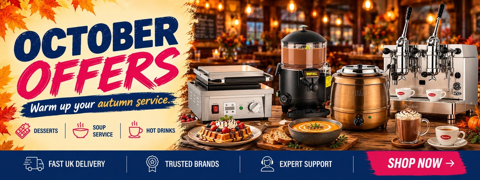 Buy soup makers, dessert making machines, hot drinks machines, coffee & espresso machines and front of house furniture from Smart Hospitality Supplies 'October Offers'