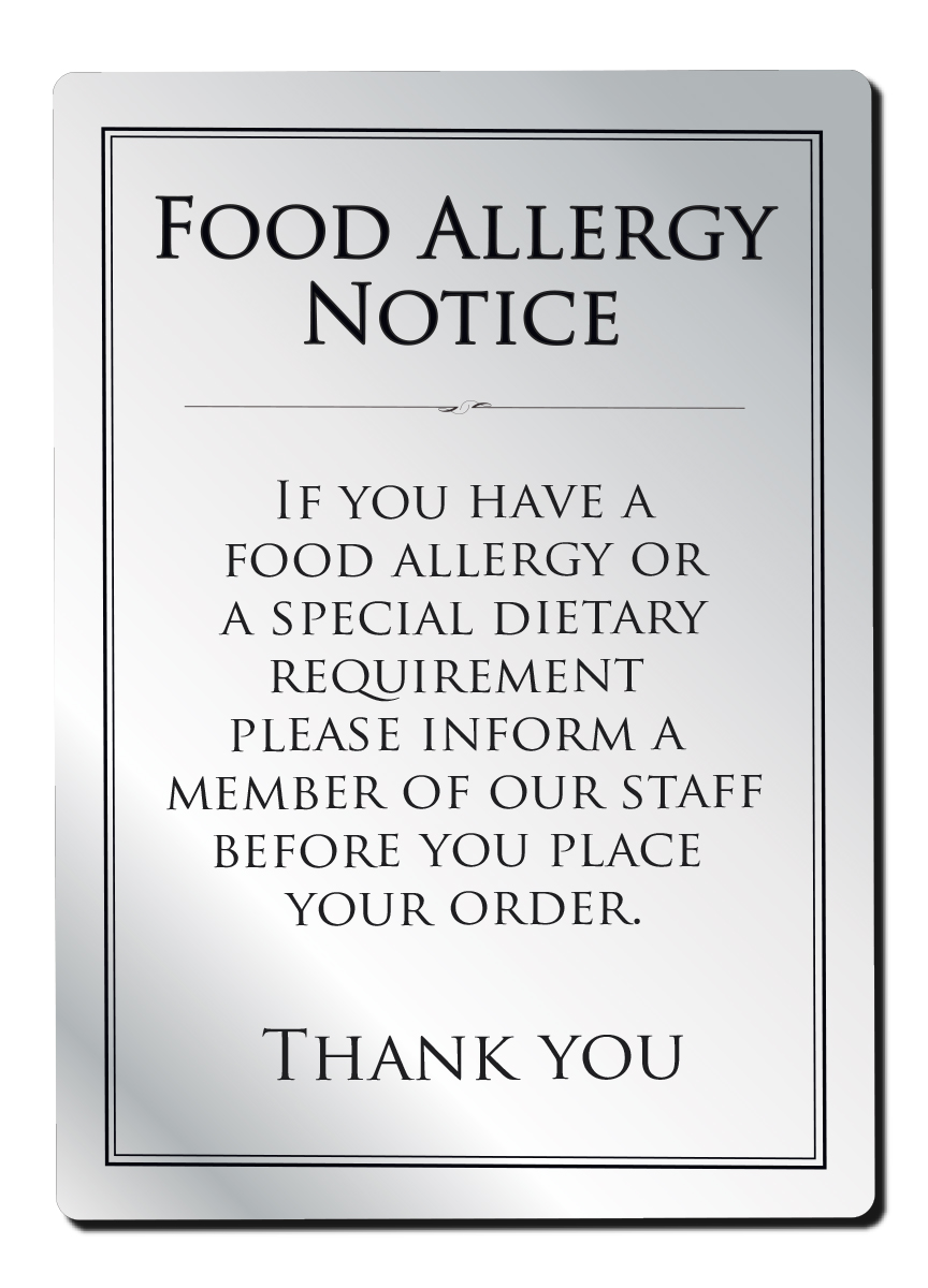 Food Allergy Notice Bar Sign  - Silver
