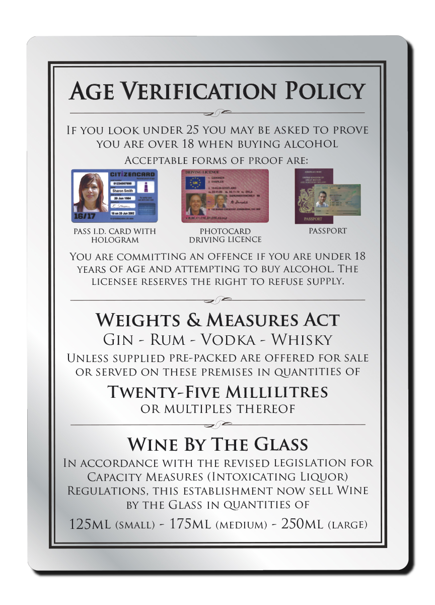 3 Part Age Verification Policy 25ml Bar Sign - Silver