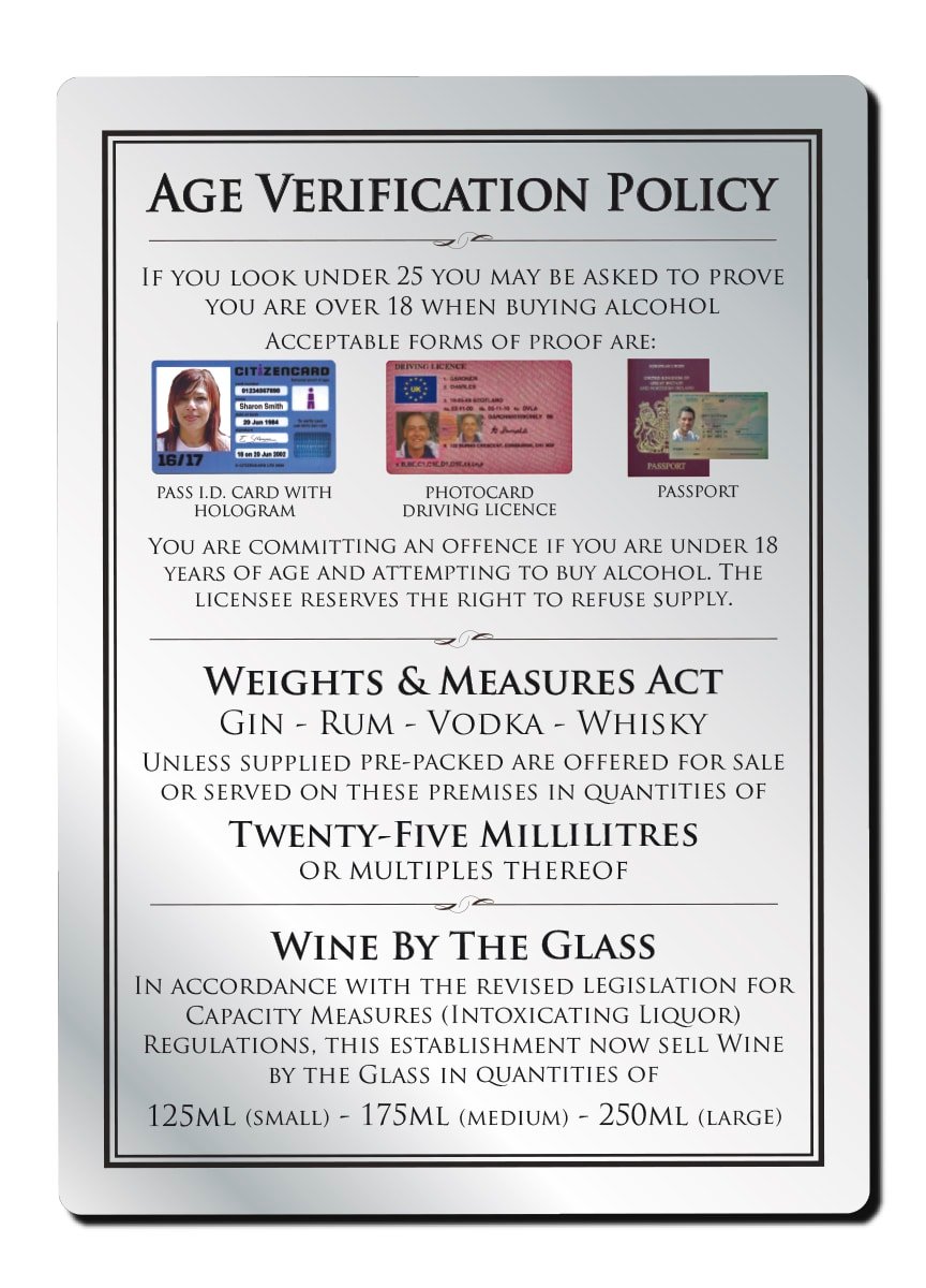 3 Part Age Verification Policy 25ml Bar Sign - Silver