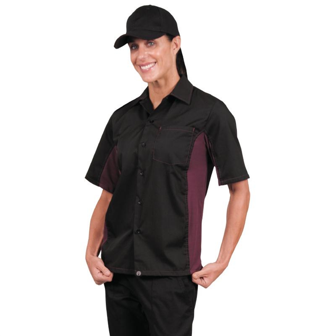 Chef Works Unisex Contrast Shirt Black and Merlot XS