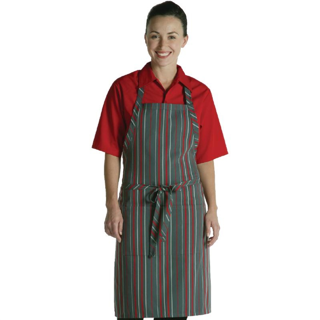 Chef Works Bib Apron Red and Grey Stripe