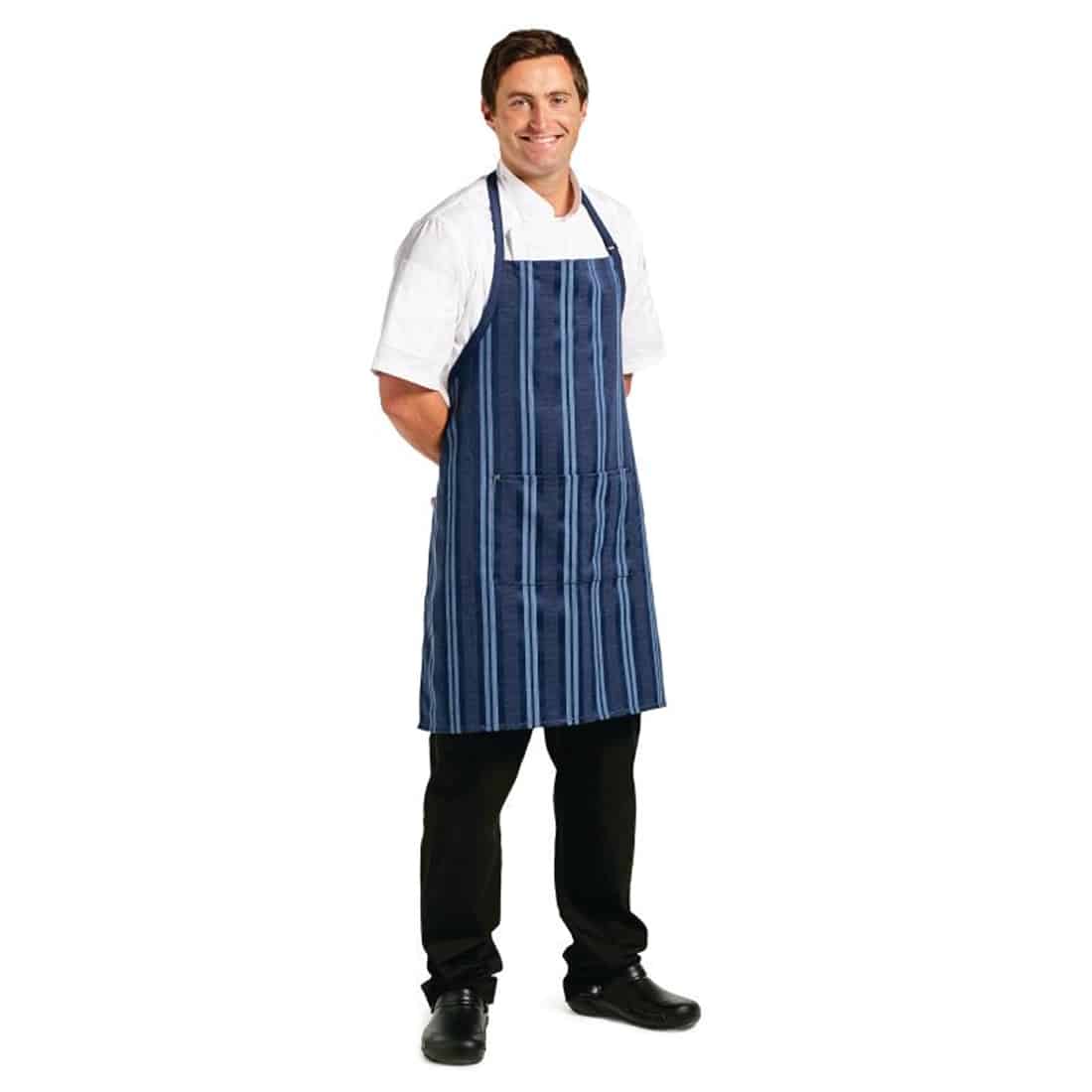 Chef Works Presidio Navy Satin Stripe Bib Apron