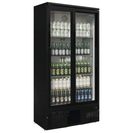 Polar Upright Back Bar Cooler with Sliding Doors in Black 490Ltr