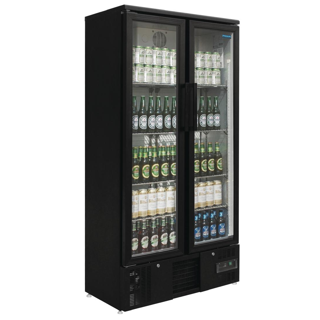 Polar Upright Back Bar Cooler with Hinged Doors  in Black 490Ltr
