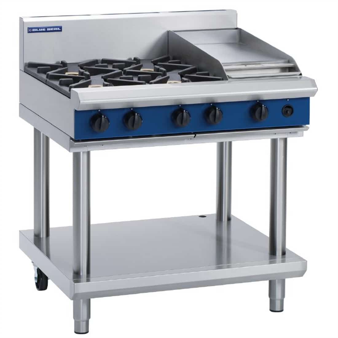 Blue Seal Evolution Cooktop 4 Open/1 Griddle Burner Nat Gas on Stand 900mm G516C-LS/N