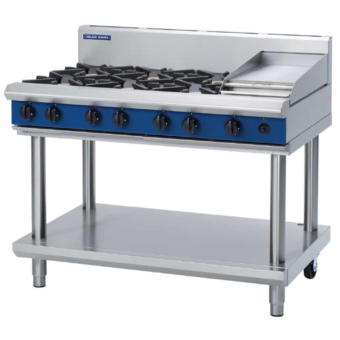 Blue Seal Evolution Cooktop 6 Open/1 Griddle Burner Natural Gas on Stand 1200mm G518C-LS/N