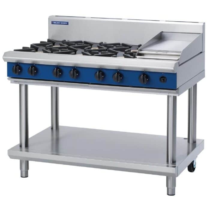 Blue Seal Evolution Cooktop 6 Open/1 Griddle Burner LPG on Stand1200mm G518C-LS/L