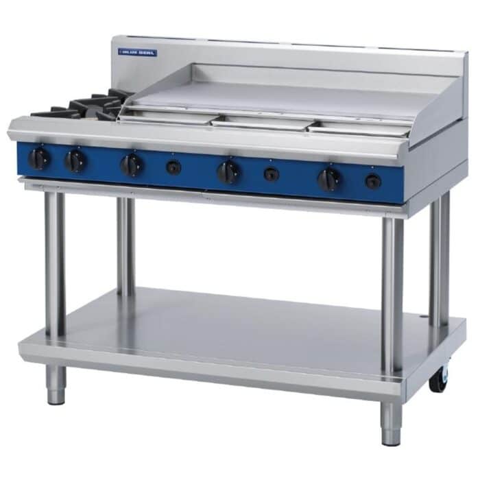 Blue Seal Evolution Cooktop 2 Open/1 Griddle Burner Natural Gas on Stand 1200mm G518A-LS/N