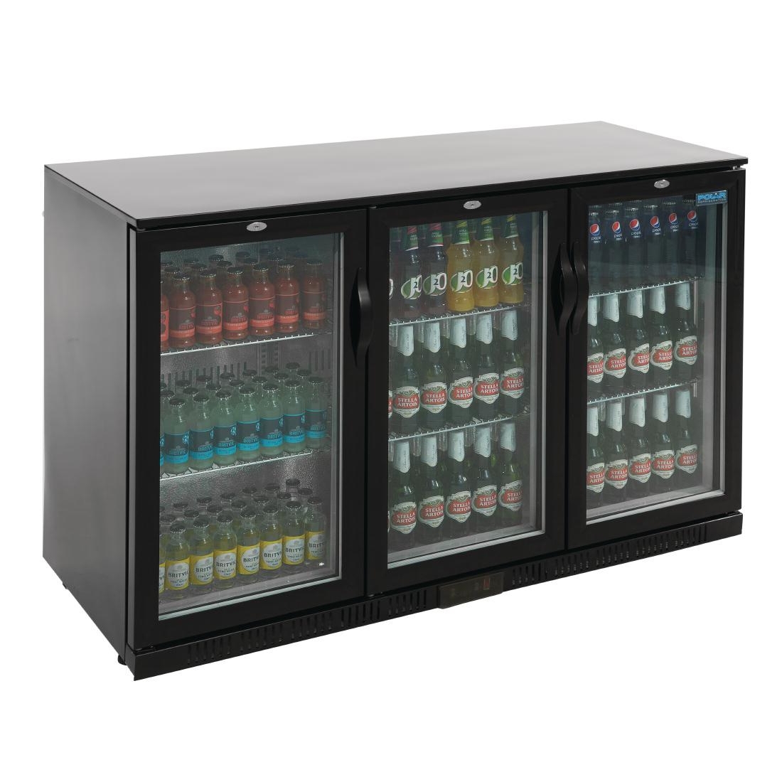 Polar Back Bar Cooler with Hinged Doors in Black 330Ltr