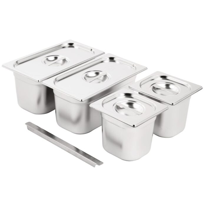 Vogue Stainless Steel Gastronorm Set 2x 1/3  2 x 1/6 with Lids