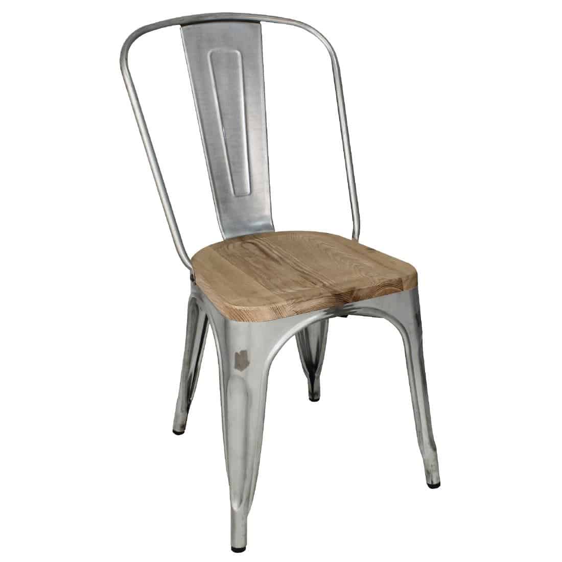 Bolero Bistro Side Chairs with Wooden Seat Pad Galvanised Steel (Pack of 4)