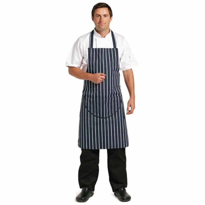 Whites Butchers Apron Navy Stripe with Pocket