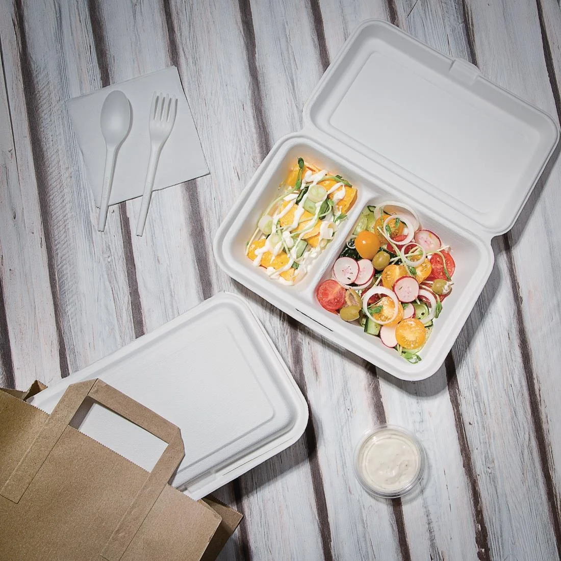 Fiesta Compostable Bagasse Hinged 2-Compartment Food Containers 253mm (Pack of 200) - Image 3