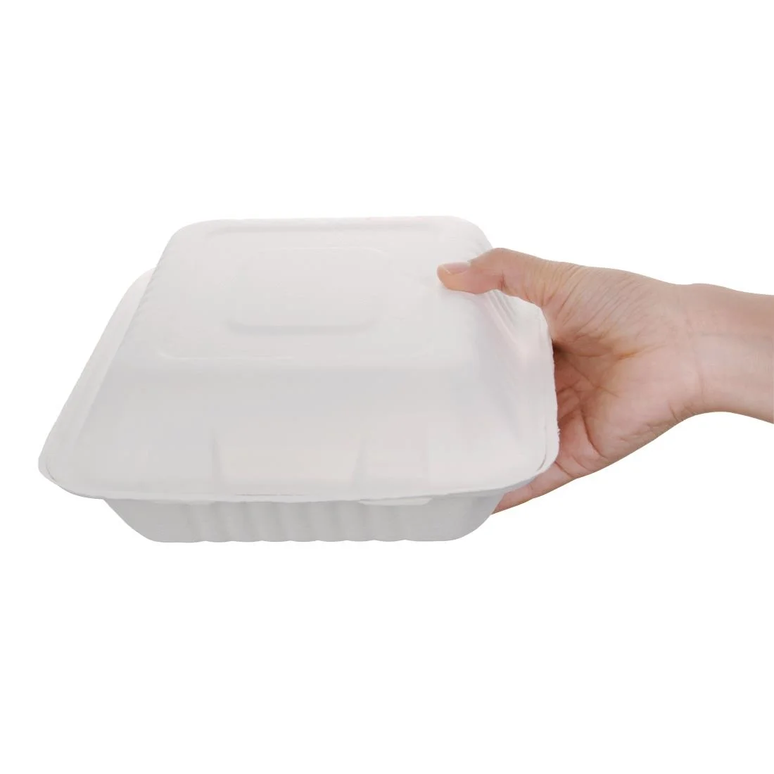 Fiesta Compostable Bagasse Hinged 3-Compartment Food Containers 201mm (Pack of 200) - Image 2