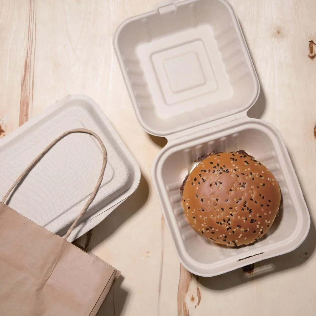 Fiesta Compostable Bagasse Burger Boxes Natural Colour 152mm (Pack of 500) - Image 3
