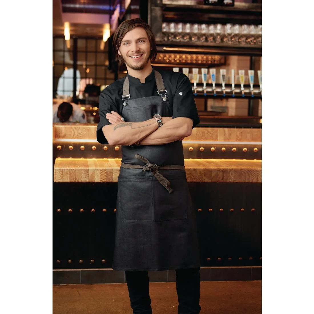 Chef Works Urban Wet Look Boulder Bib Apron Black and Brown - Image 2