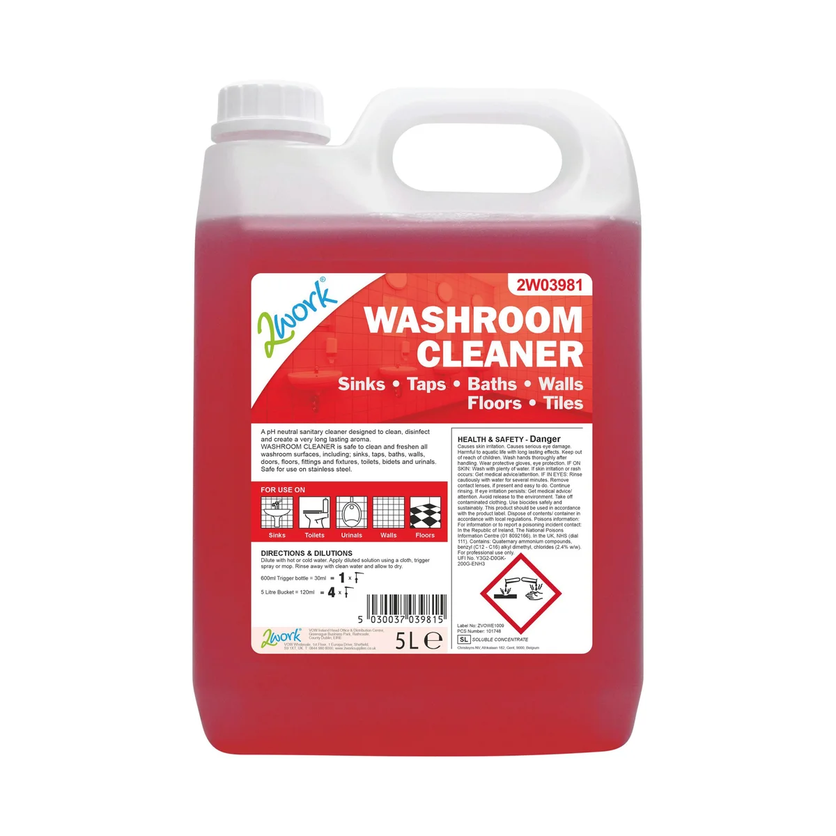 2Work Washroom Cleaner Concentrate Odourless 5 Litre 2W03981 - Image 1