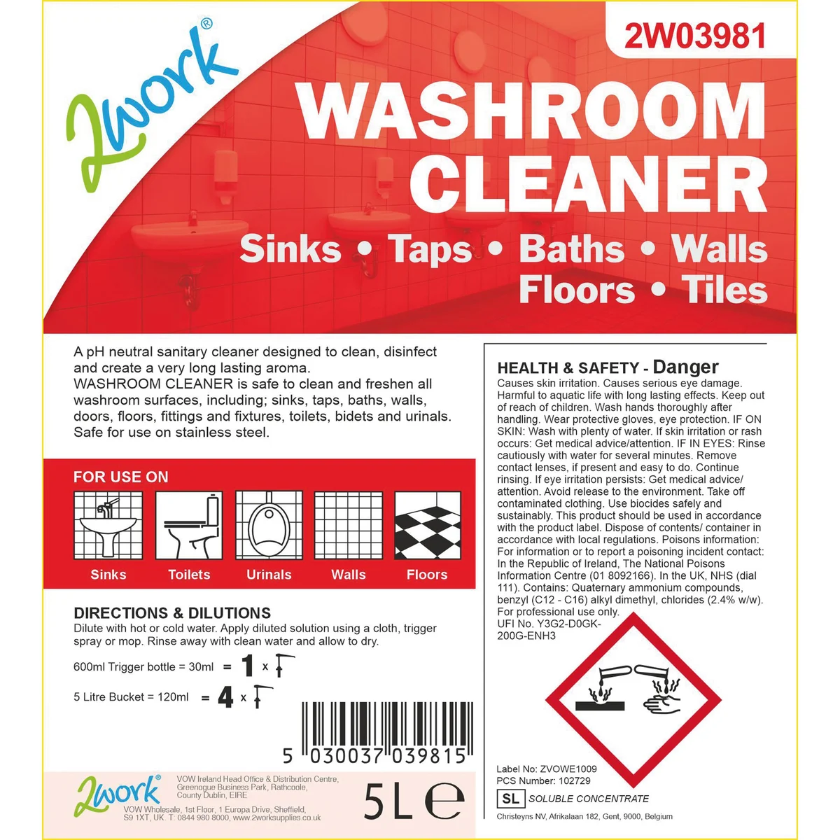 2Work Washroom Cleaner Concentrate Odourless 5 Litre 2W03981 - Image 2