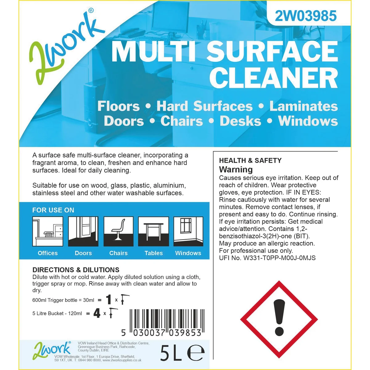 2Work Multi Surface Cleaner Concentrate 5 Litre 2W03985 - Image 2