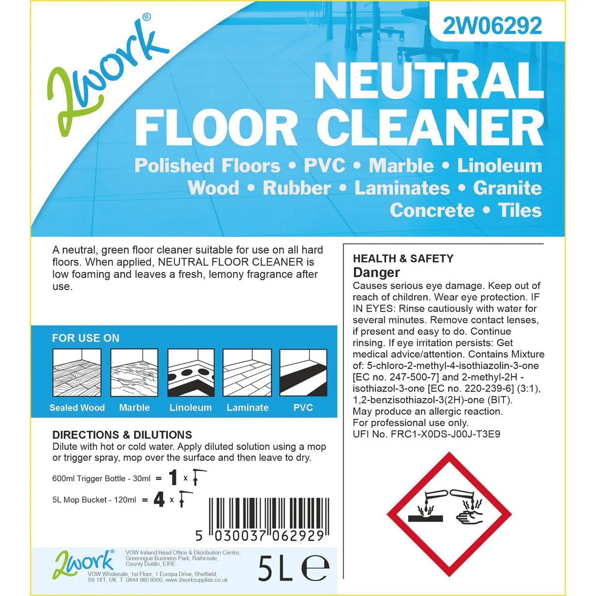 2Work Neutral Floor Cleaner 5 Litre 2W06292 - Image 2