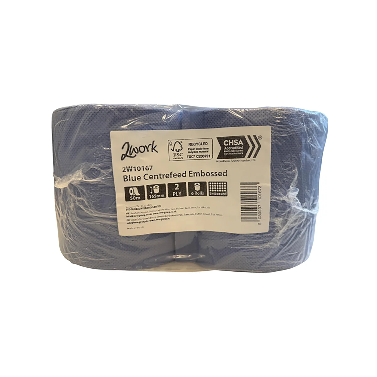 2Work 2-Ply Embossed Centrefeed Roll 50m Blue (Pack of 6) 2W10167 - Image 2