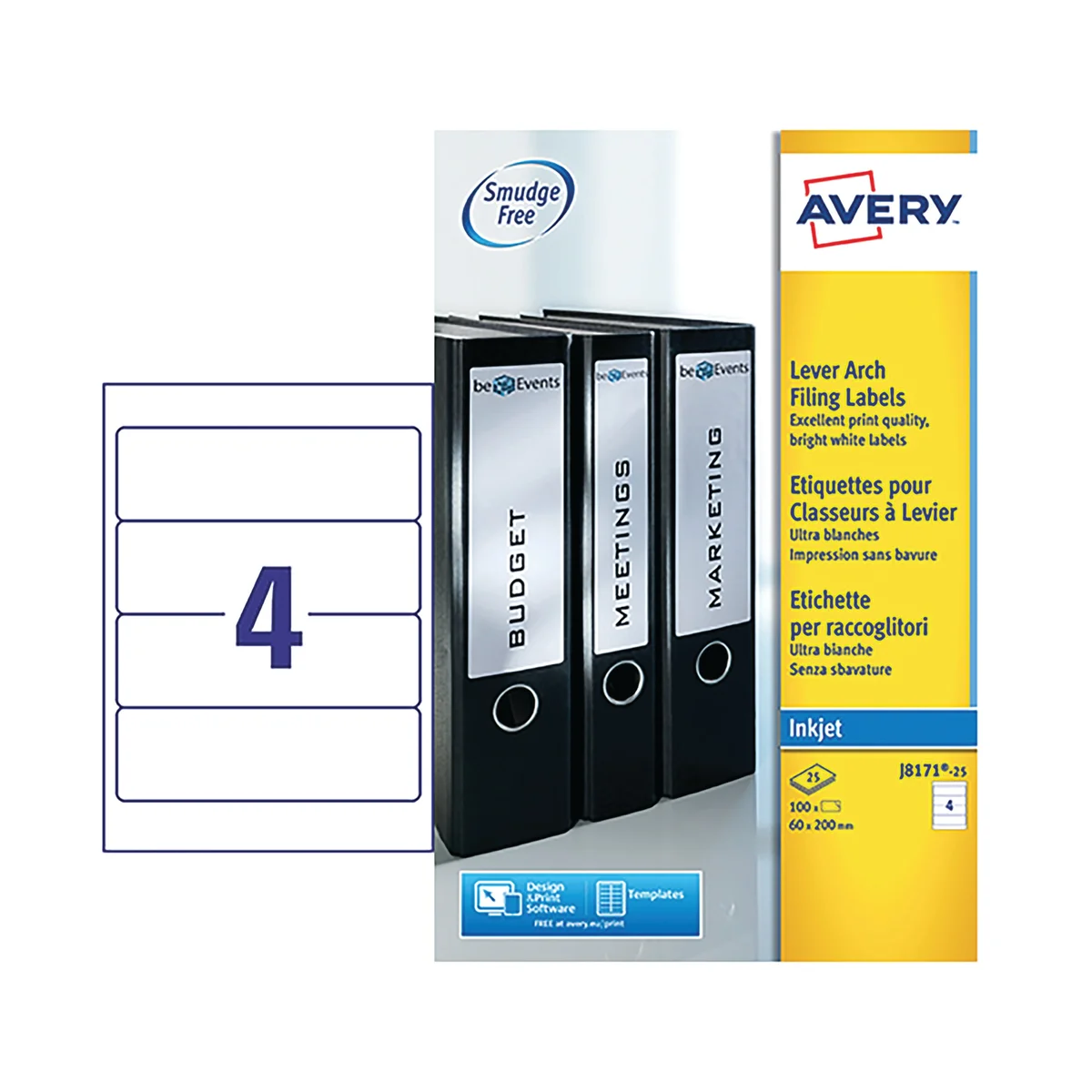 Avery Inkjet L/Arch Filing Labels 4 Per Sheet Wht (Pack of 100) J8171-25 - Image 2