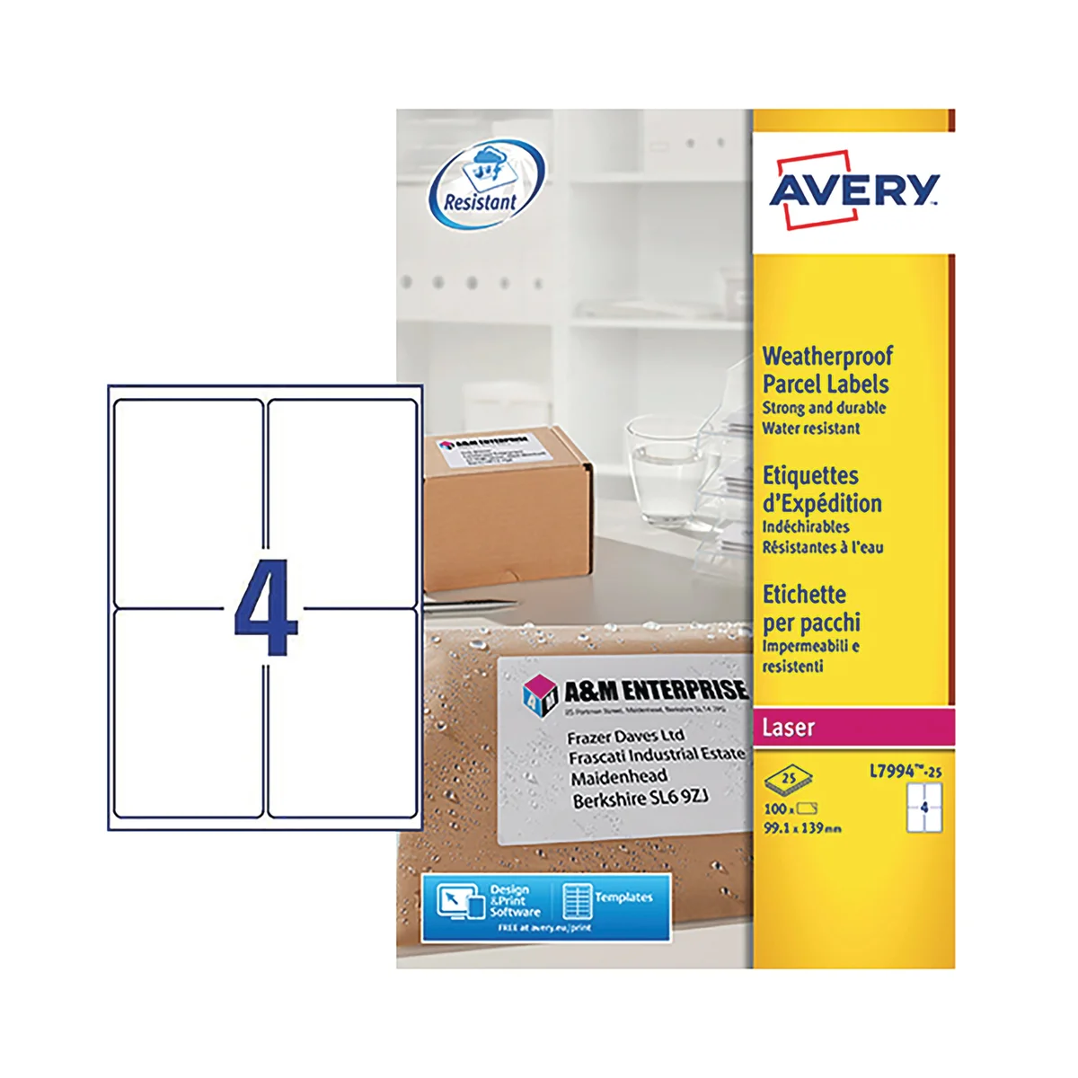 Avery Weatherproof Shipping Label 4 Per Sheet (Pack of 100) L7994-25 - Image 2