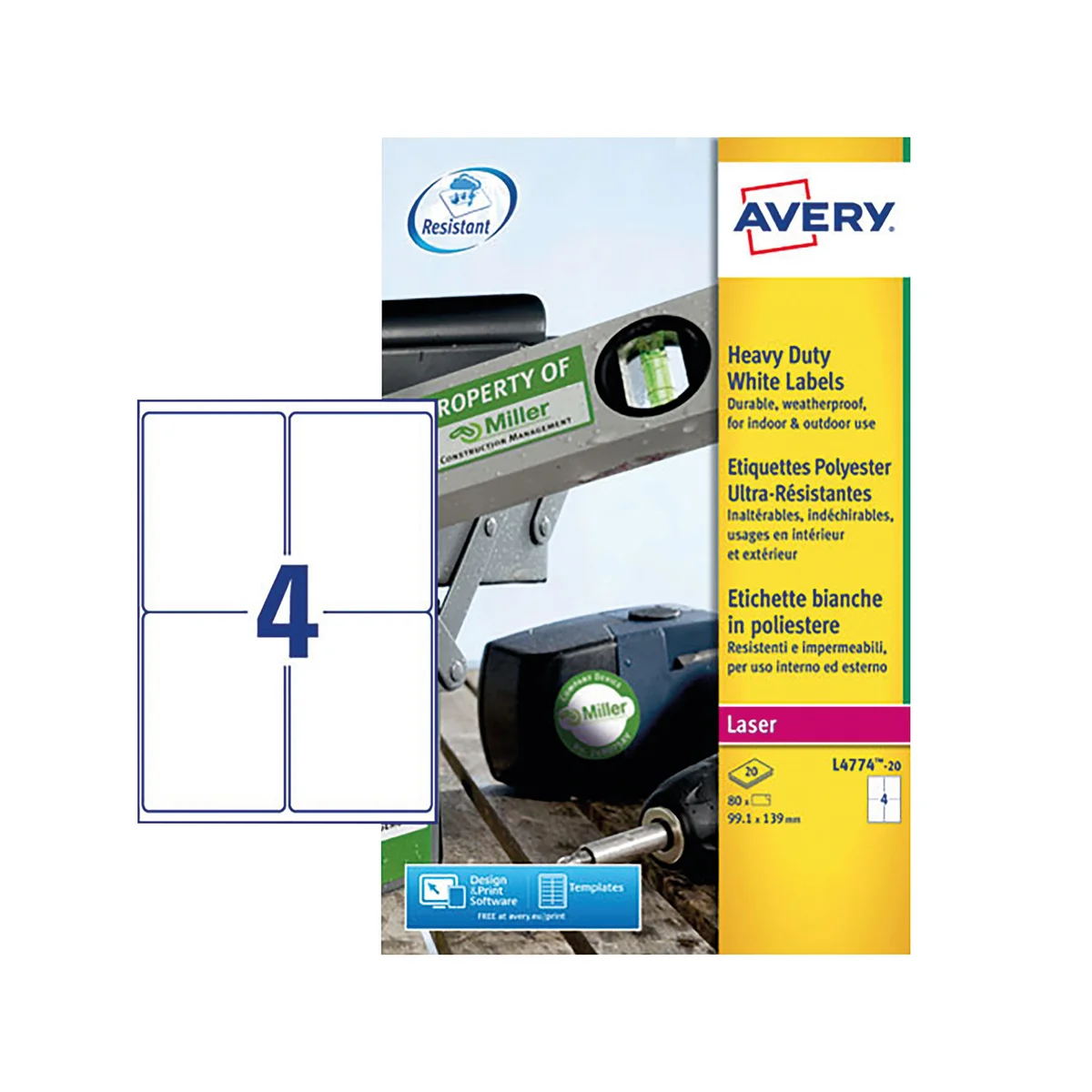Avery Laser Label Heavy Duty 4 Per Sheet White (Pack of 80) L4774-20 - Image 2