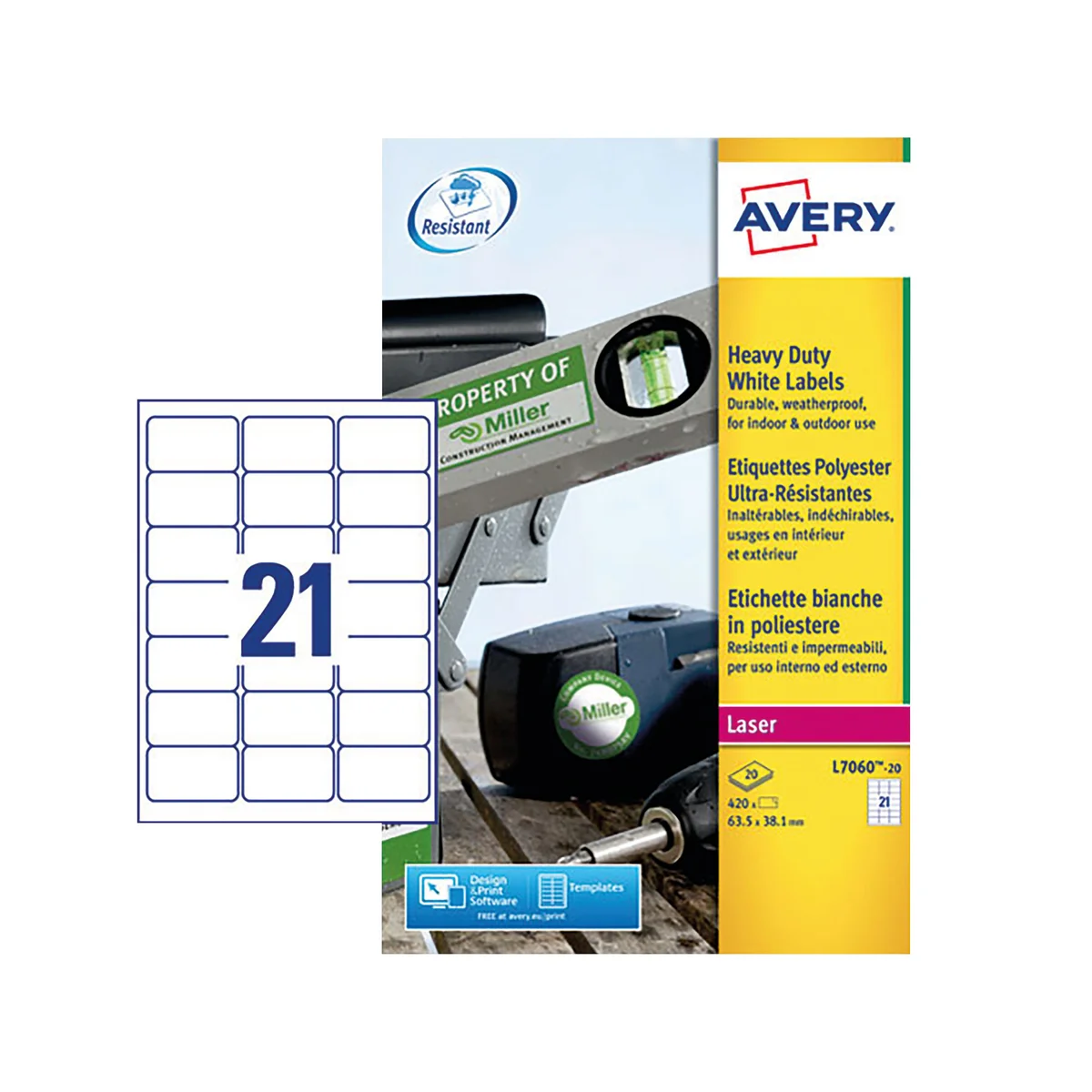 Avery Laser Label Heavy Duty 21 Per Sheet White (Pack of 420) L7060-20 - Image 2