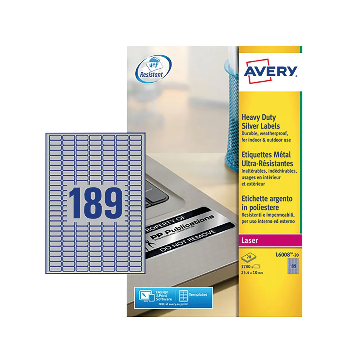 Avery Laser Label H/Duty 189 Per Sheet Silver (Pack of 3780) L6008-20 - Image 2
