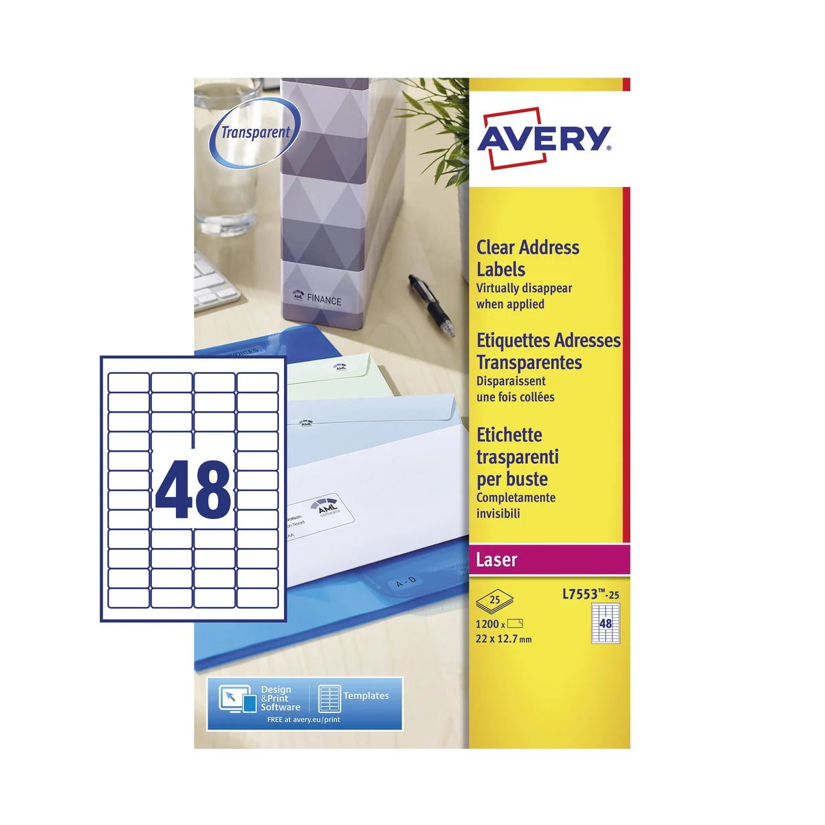 Avery Laser Mini Labels 22x12mm 48 Per Sheet Clear (Pack of 1200) L7553-25 - Image 2